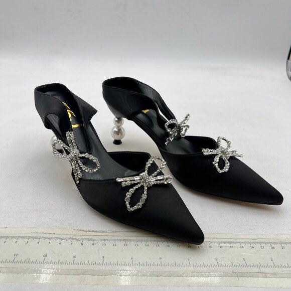 FSJ Black Pointed Toe with Two Bows Mules Perals High Heel Sandal Slip On Shoes - Picture 4 of 8